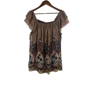 Adiva Abstract Art Blouse‎ Flutter Sleeve Size XL Brown